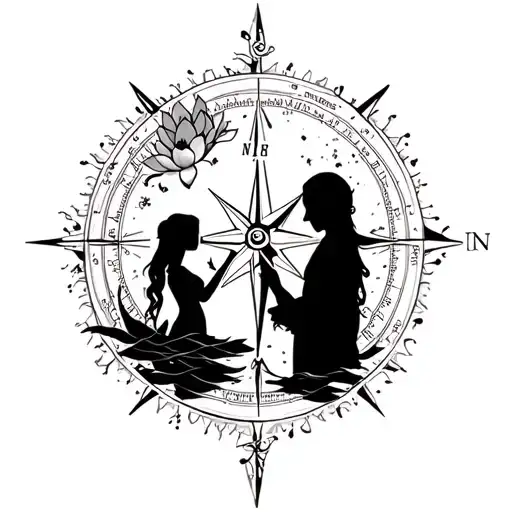 Feminine Compass With Lotus And Daddy And Daughter Silhouette