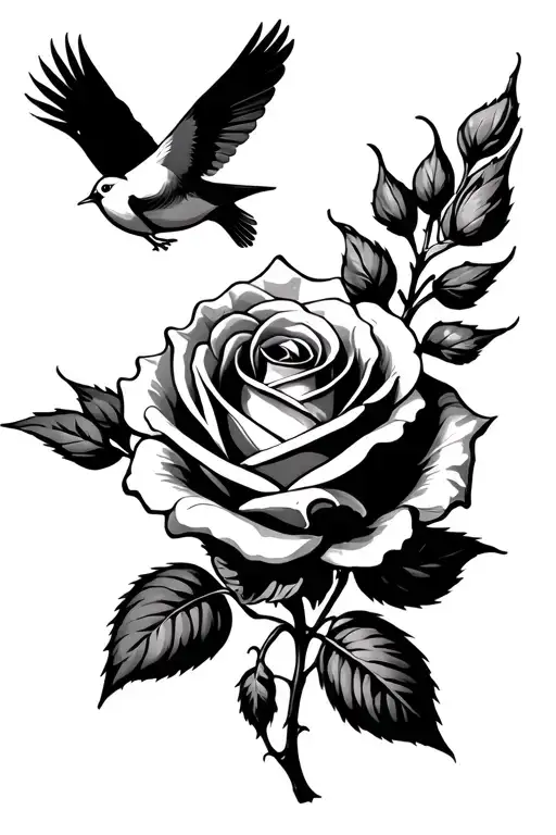 A Rose With Small Bird Flying Around It