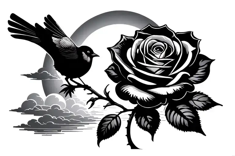 A Rose With A Bird On Its Stem And The Sun With Clouds In The Back