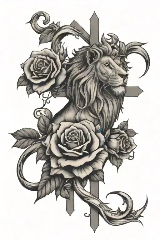 Cross Lion Rose Surrounded