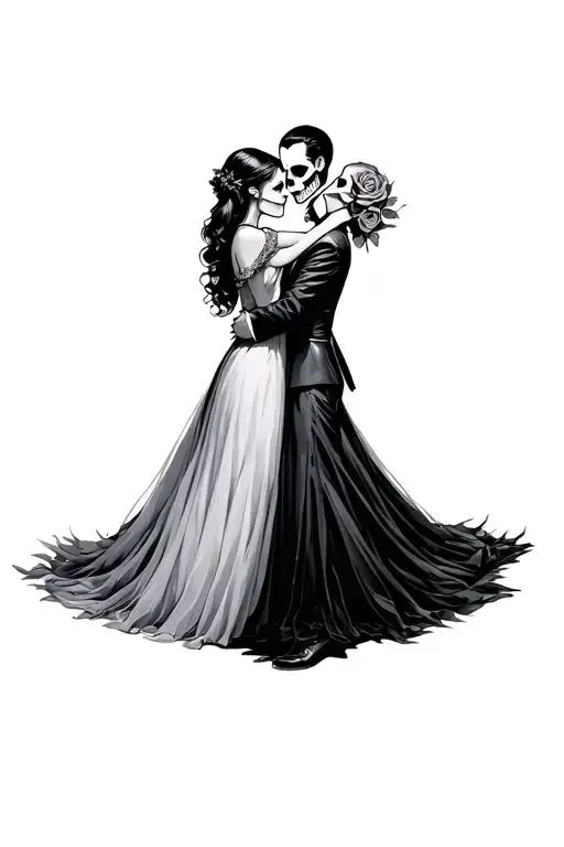 Classic Couple Dancing With Skull Head With Roses