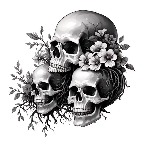 Skulls With Flowers And Roots Growing Out Of Them Goes