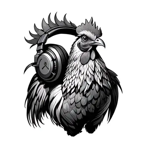 Rooster With Headphones Listening To Music
