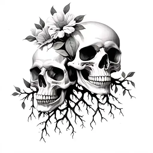 Skulls With Flowers And Roots Growing Out Of Them Goes
