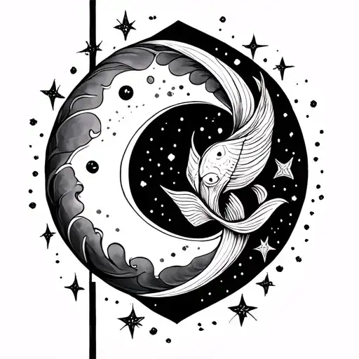 Pisces Tattoo With Moon And Stars Vertical Line