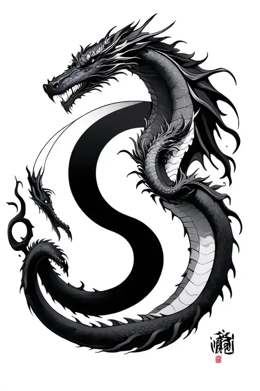 Two Big Dragons Around Ying Yang Symbol