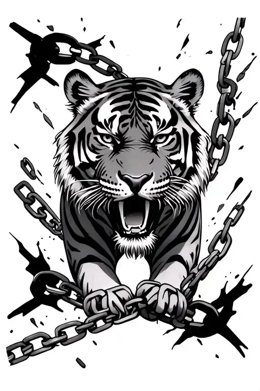Tiger And Chains Breaking And Bursting