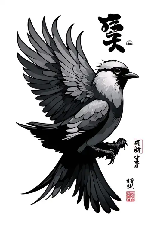 Bird And Japanese Lettering Style