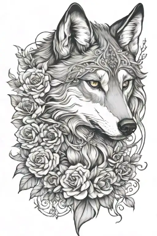 Female Wolf Surrounded By 8 Flowers Intertwined