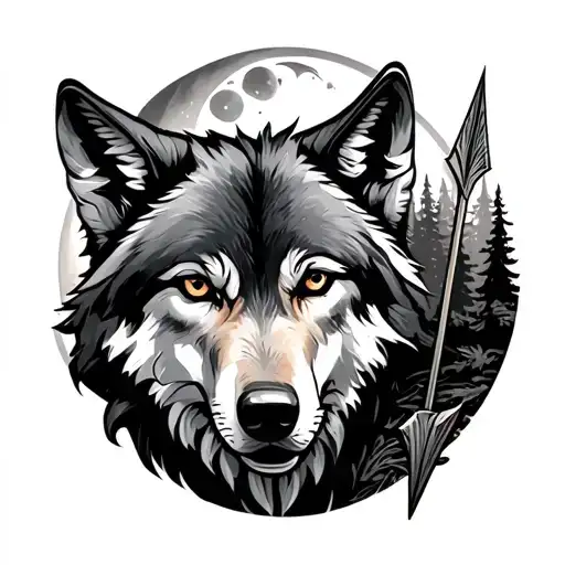 Wolf And Moon And Woods And Arrow