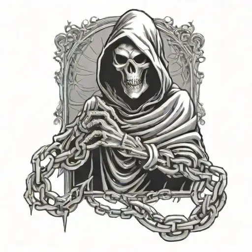 Grim Reaper Looking Down Holding Chain That Connect To His Neck