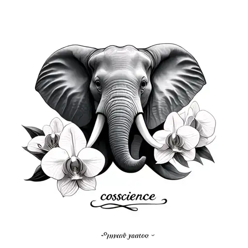 Half Elephant Face Surrounded By Orchid Flower Cursive Saying Coscience