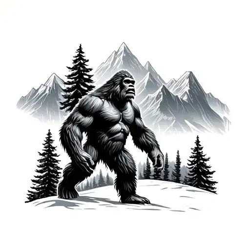 Bigfoot Illusion In Big Evergreen Treats And Mountains