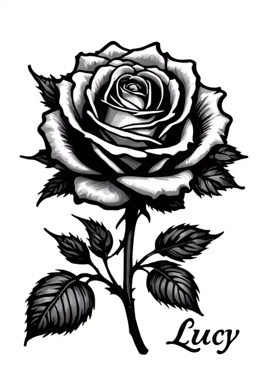 Rose With The Name Lucy In Cursive On Stem