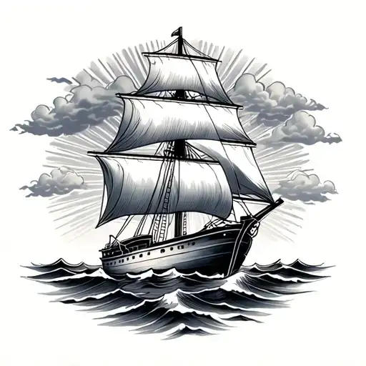 Old Sailboat With Rays And Clouds