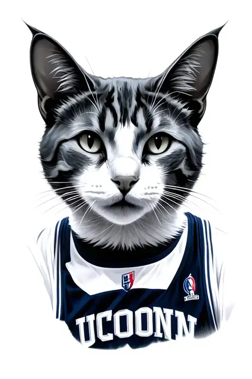 A Grey And White Cat Wearing A Uconn Kemba Walker Jersey