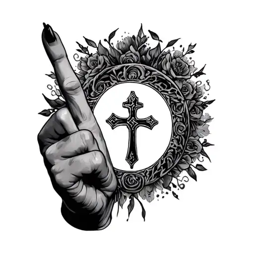 Rosario In A Hand With Cross On The Middle Finger