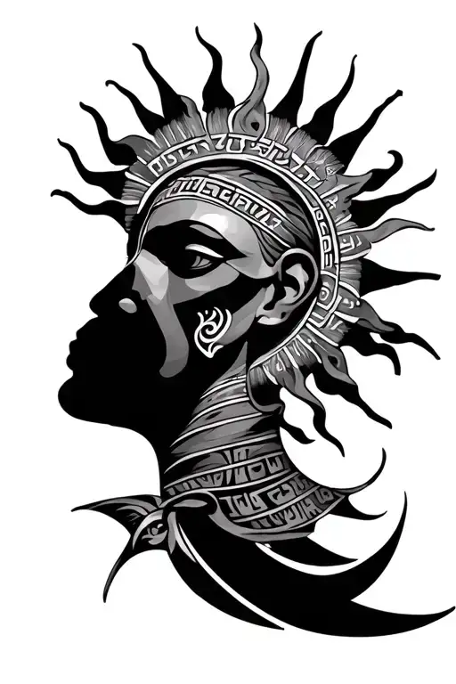 Sunface Tattoo With Rays On Neck And Assyrian Text Behidn Ear