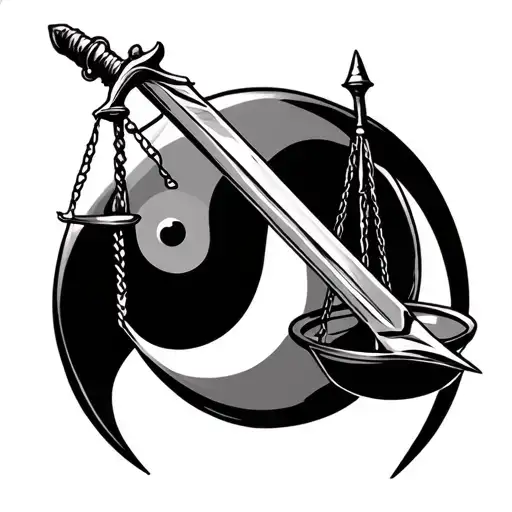 Scales Of Justice With Sword And Yin And Yang Being Weighed