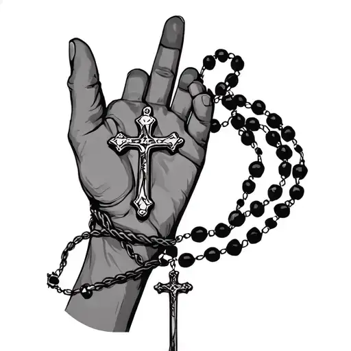A Rosary Tangled On The Wrist Of The Hand And That The Cross Is On The Middle Finger