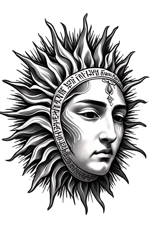 Sunface Tattoo With Rays And Assyrian Text