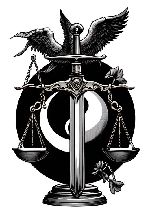 Scales Of Justice With Sword And Yin And Yang Being Weighed