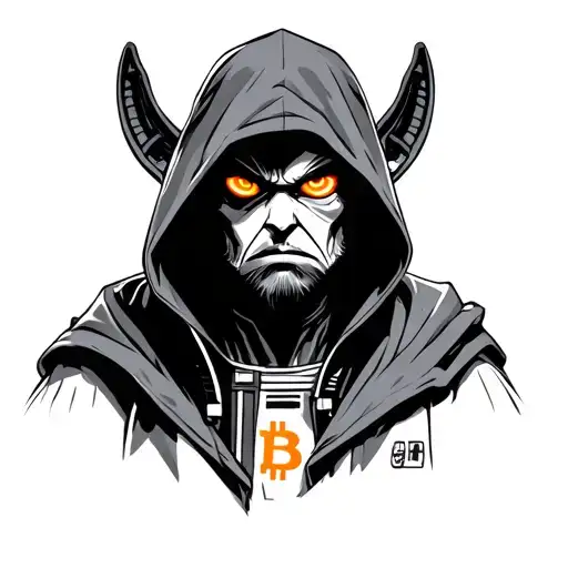 Hooded Jabawaki From Star Wars With Orange Bitcoin Glowing Eyes