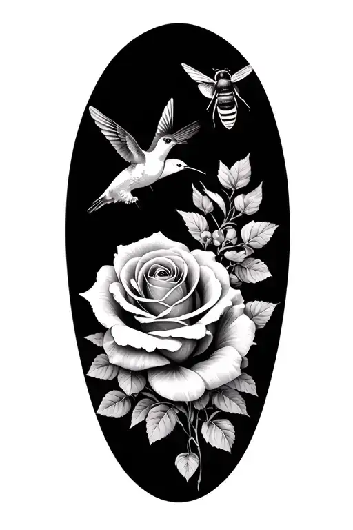 Roses Hummingbirds And A Bee Flying