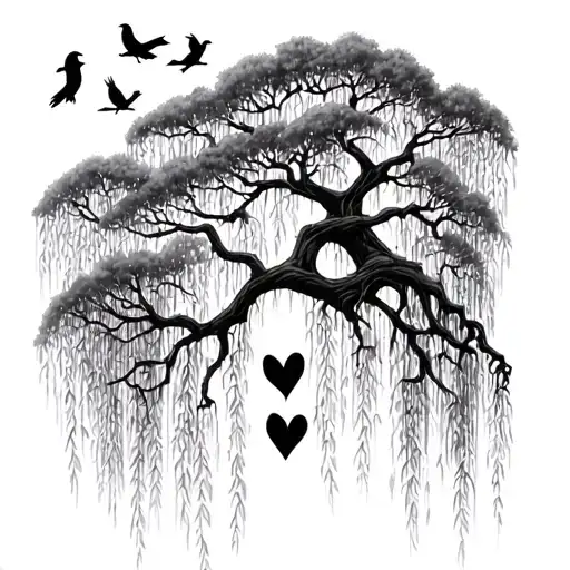 Draw Me A Tattoo Of A Weeping Willow With 6 Birds On It And On The Trunk It Has A Heart With J And K
