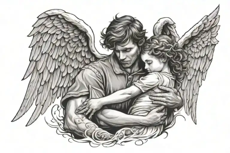 Male Angel Hugging Girl Child Silhouette Intertwined