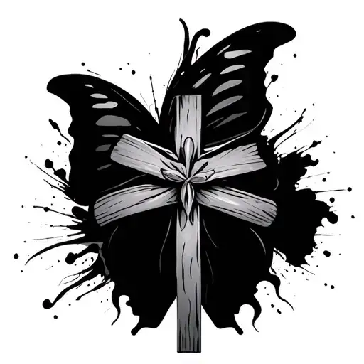 A Cross With A Black Butterfly In The Middle Front Of It