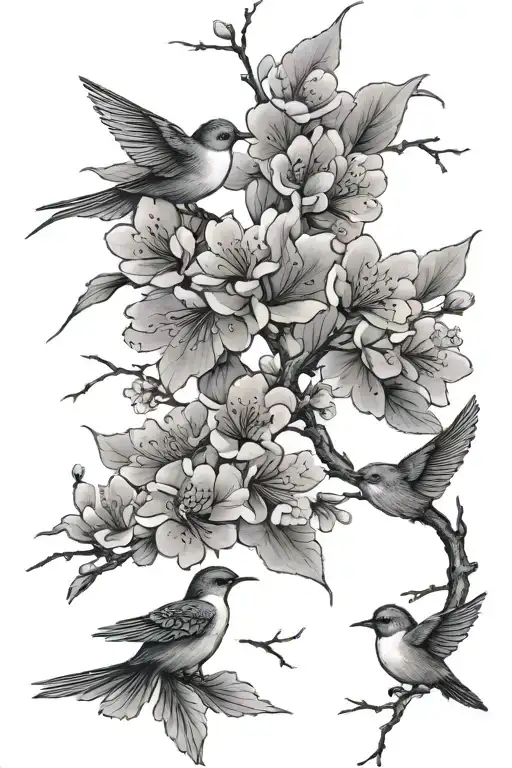 Cherry Blossom Branch With Birds Flying Wrapped Around It