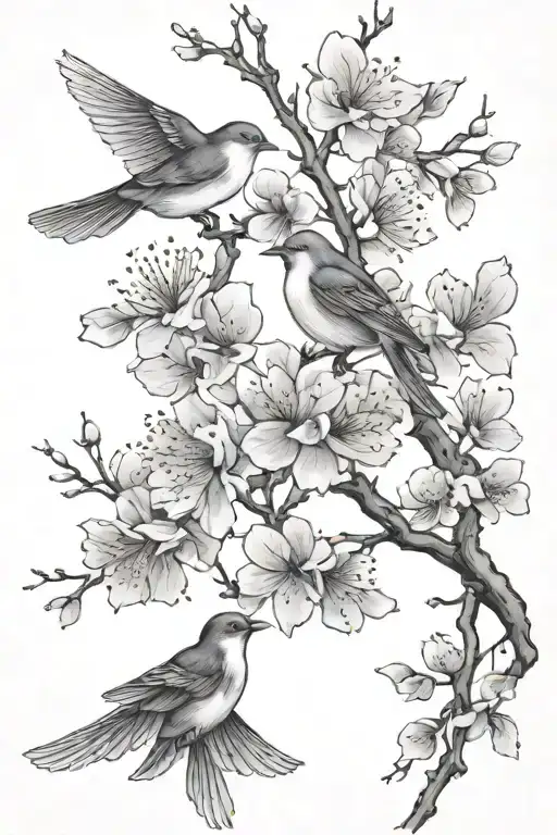 Cherry Blossom Branch With Birds Flying Wrapped Around It