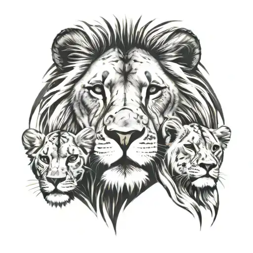 Lion Face Family With Lioness And 5 Cubs