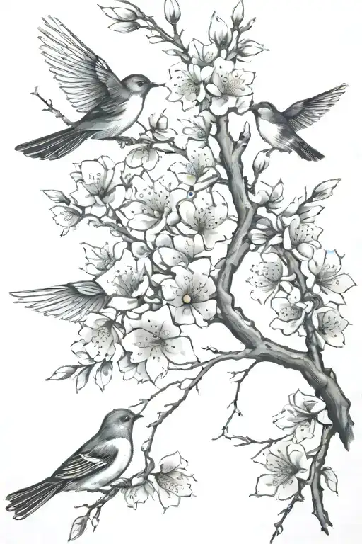 Cherry Blossom Branch With Birds Flying Wrapped Around It