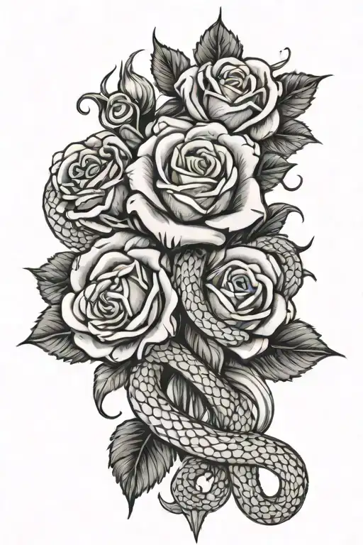 Roses And Snake Coiling Around Cross Surrounded