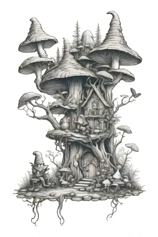A Mystical Forest Scene With Gnomes Reading Books Under Mushrooms