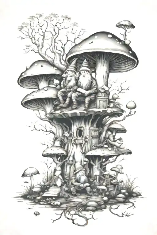 A Mystical Forest Scene With Gnomes Reading Books Under Mushrooms