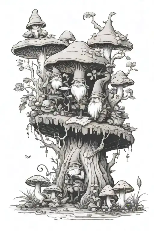 A Mystical Forest Scene With Gnomes Reading Books Near Mushrooms