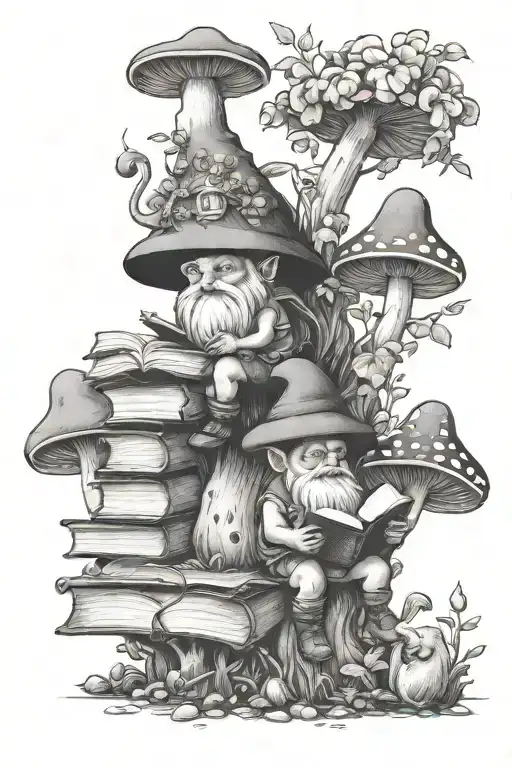 Gnomes Reading Books Near Mushrooms