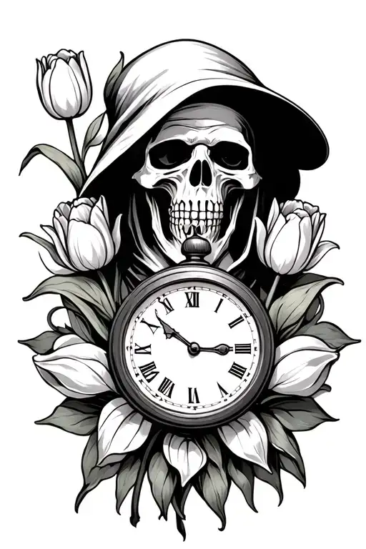Grim Reaper With Clock And Tulips Sleeve Black And White
