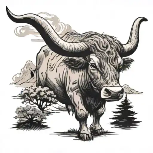 Longhorn Walking Up A Dirt Hill That Has A Cross On The Top Of It