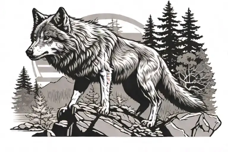 Wolf Sitting On Cliff Overlooking Forested River