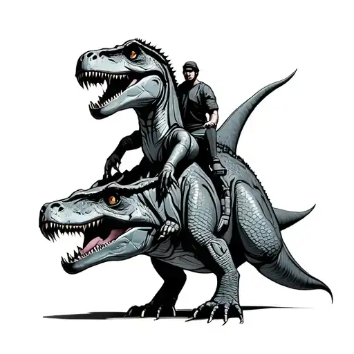 Homosapiens Riding A Rex Tyrannosaurus Who Has Bionic Parts