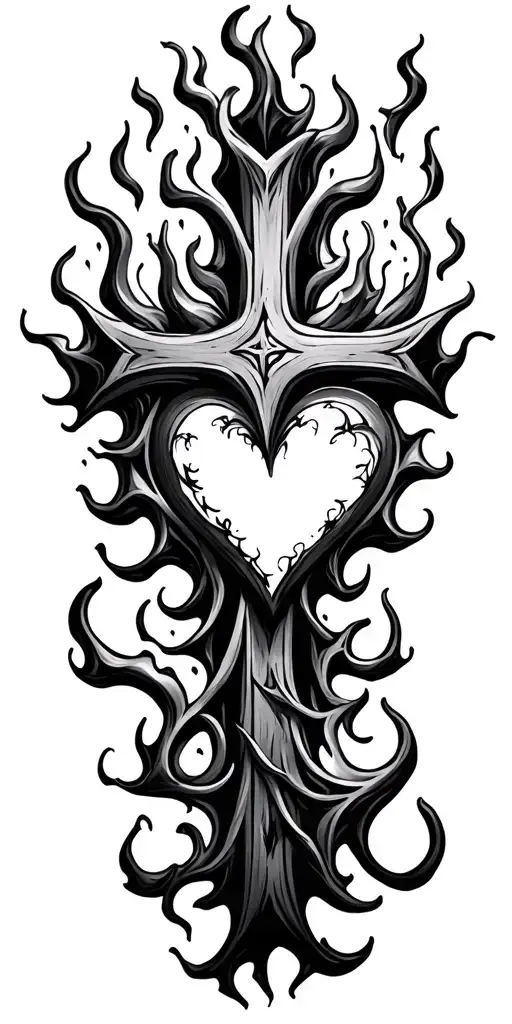Cross With Heart Made Out Of Little Flames