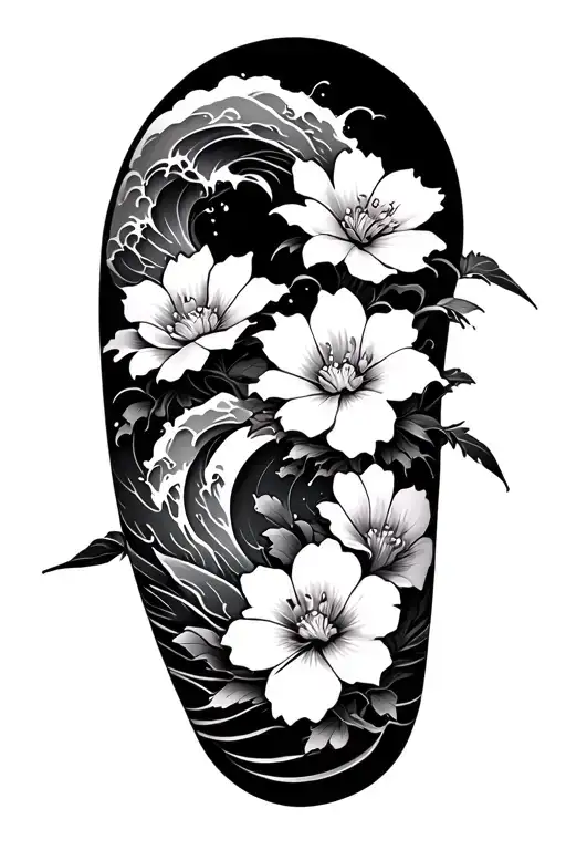 A Tattoo That Starts At The Hip And Ends At Elbow With Flowers And Waves In The Japanese Style