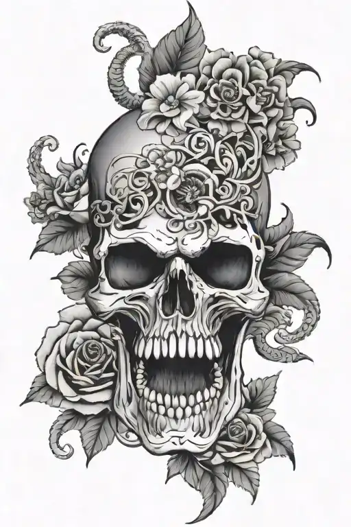 Skull With Dagger Going Through Mouth Surrounded By Flowers With Snakes Coming Out Of Eyes