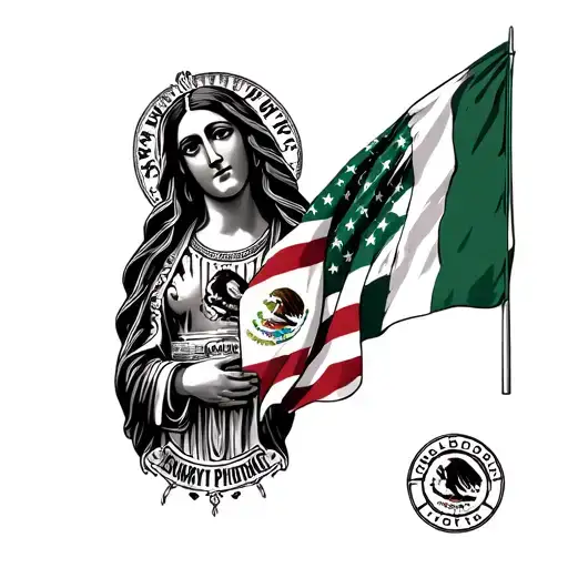 Virgin Of Guadalupe Loading Cholo Dead With A Flag Of Mexico And Usa And Two Lowrider Back