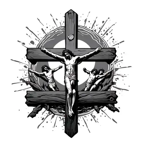 Three Crosses With Crucified In