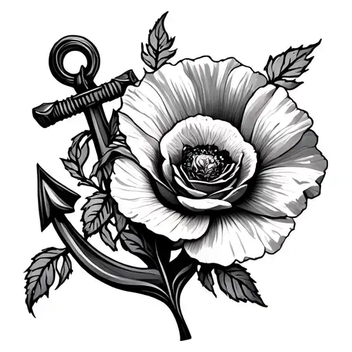 Poppy Flower And Rose Anchor Intertwined Within